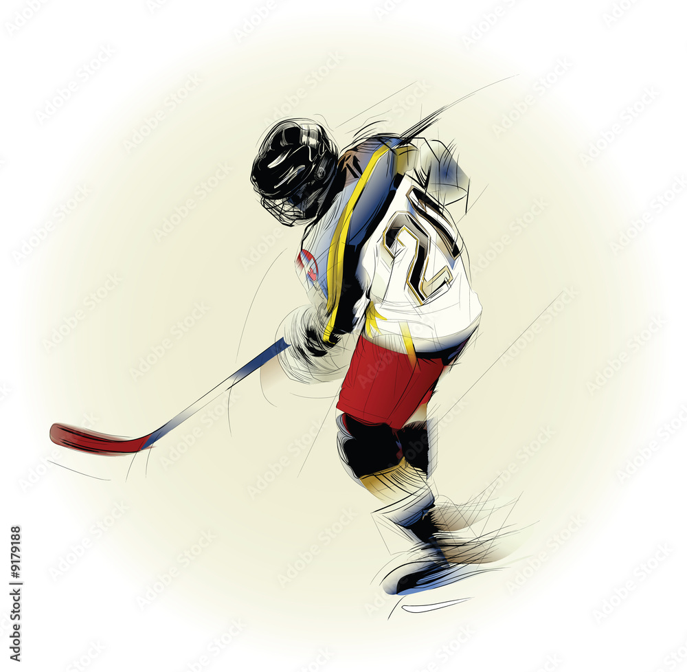 Fototapeta premium Ink drawing illustration of an ice hickey player..