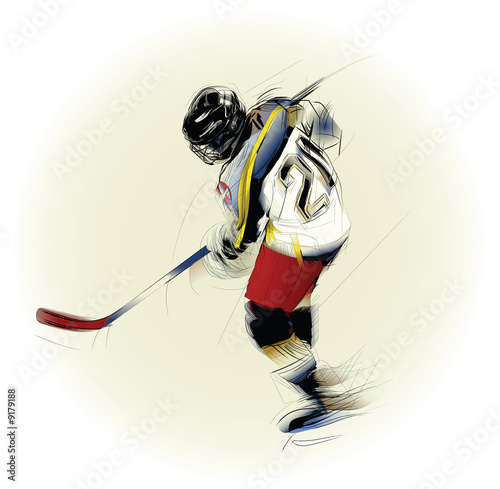 Ink drawing  illustration of an ice hickey player..