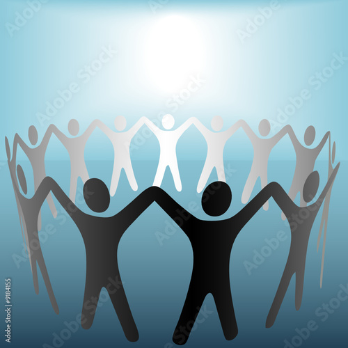 Circle of People Hold Hands Under Bright Copyspace Spot on Blue