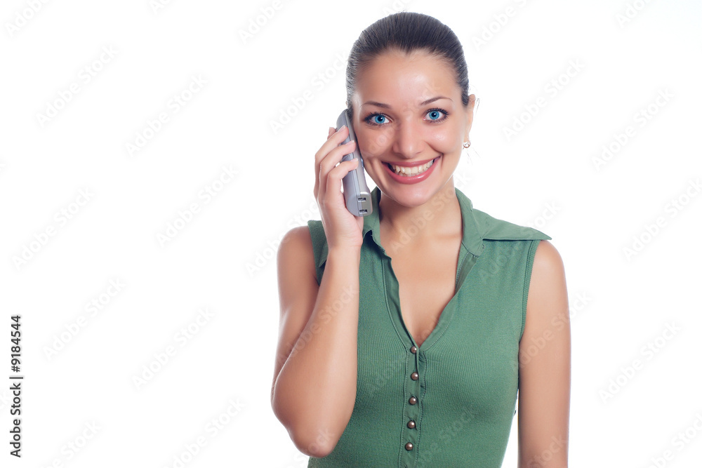 Office woman in green shirt with telephone Office woman in green shirt with telephone