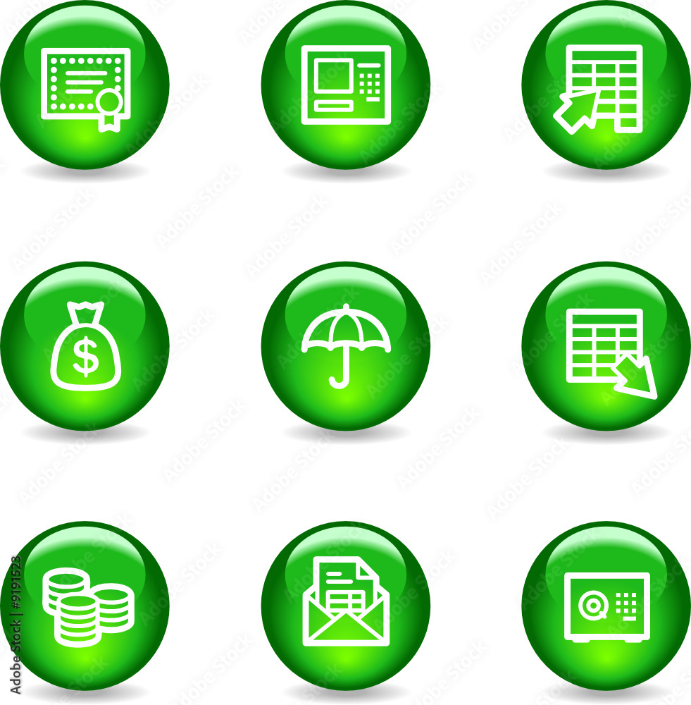 Banking web icons, green glossy sphere series Banking web icons, green glossy sphere series