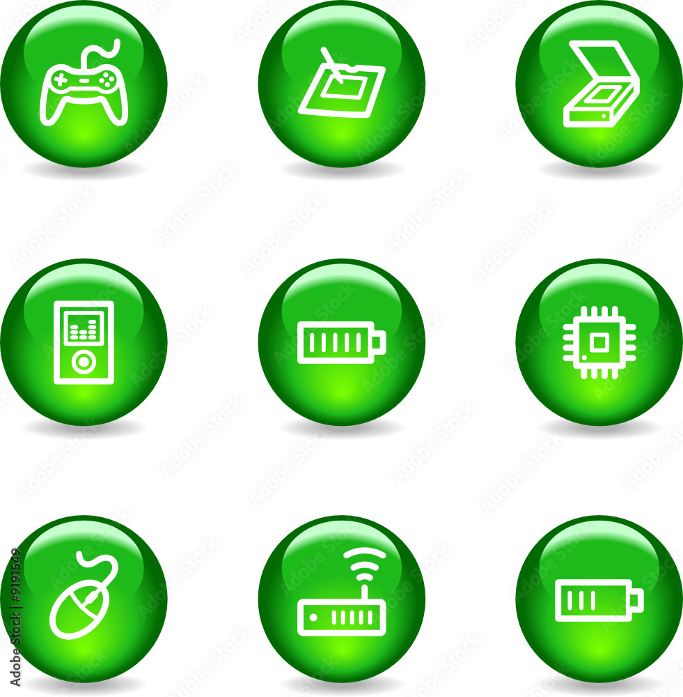 Electronics 2 web icons, green glossy sphere series Electronics 2 web icons, green glossy sphere series