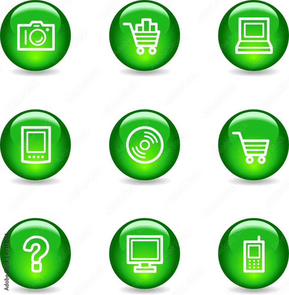 Electronics web icons, green glossy sphere series Electronics web icons, green glossy sphere series