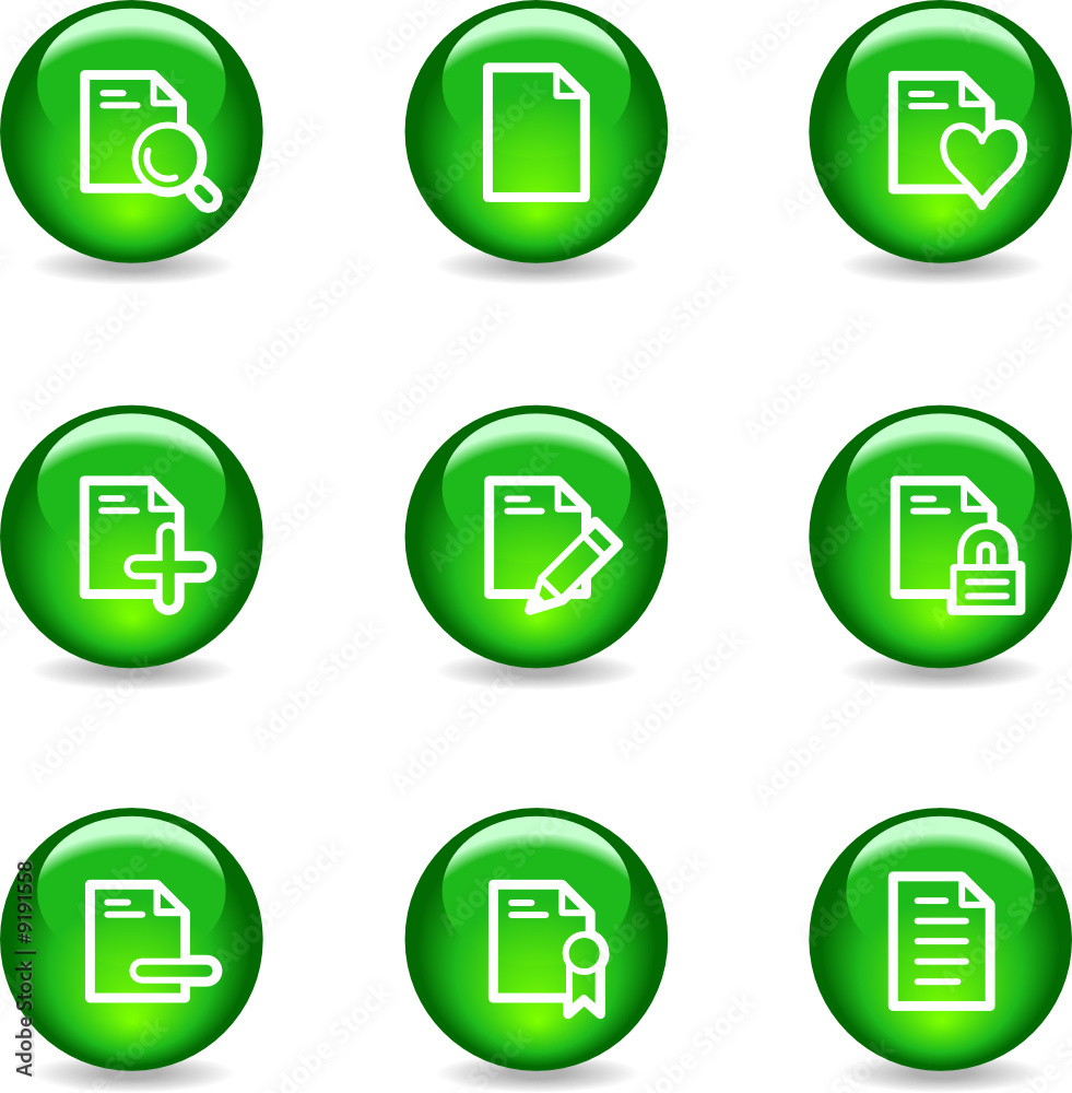 Document 2 web icons, green glossy sphere series Document 2 web icons, green glossy sphere series