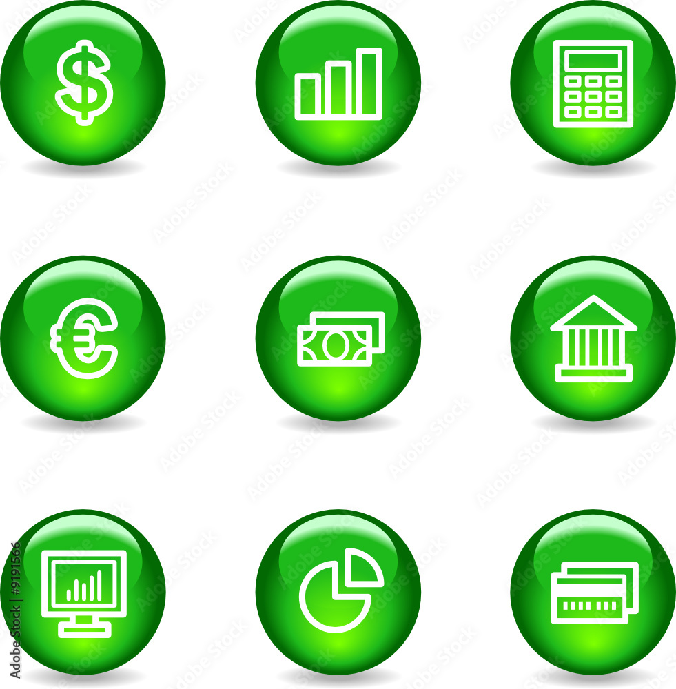 Finance web icons, green glossy sphere series