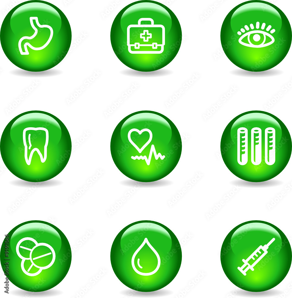 Medicine web icons, green glossy sphere series Medicine web icons, green glossy sphere series