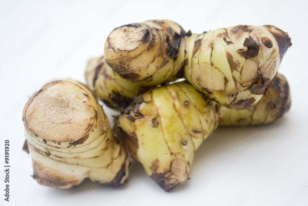 A stack of galangal root isolated against a white background A stack of galangal root isolated against a white background