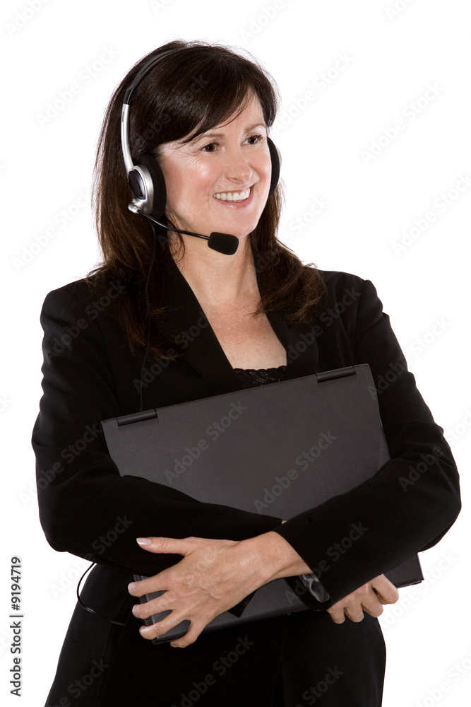 brunette model holding computer on white isolated background brunette model holding computer on white isolated background
