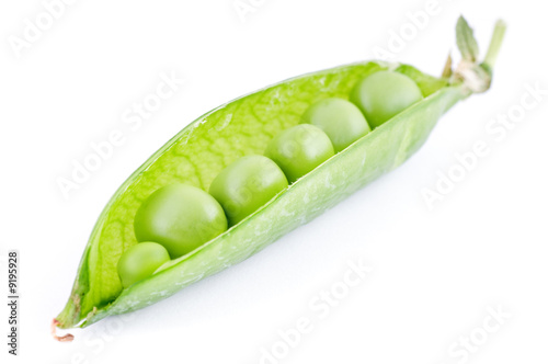 Vivid green half open pea pod on white background.