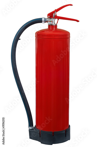 Red handheld fire extinguisher isolated on white background.