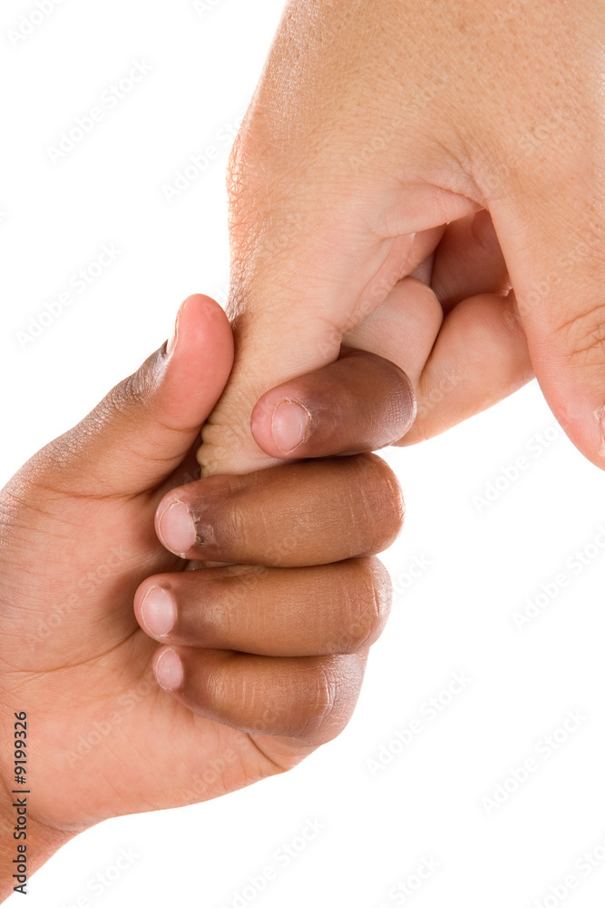 Two hands of different races together on a white background Two hands of different races together on a white background