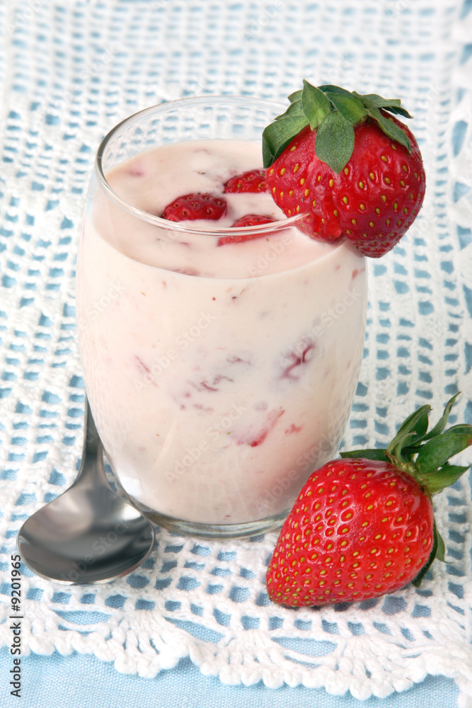 Glass of strawberry yoghurt, with strawberries, Glass of strawberry yoghurt, with strawberries,