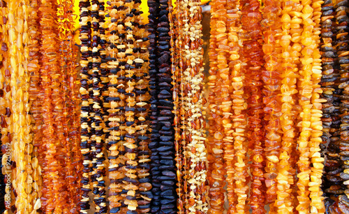 Background with beautiful necklets with amber