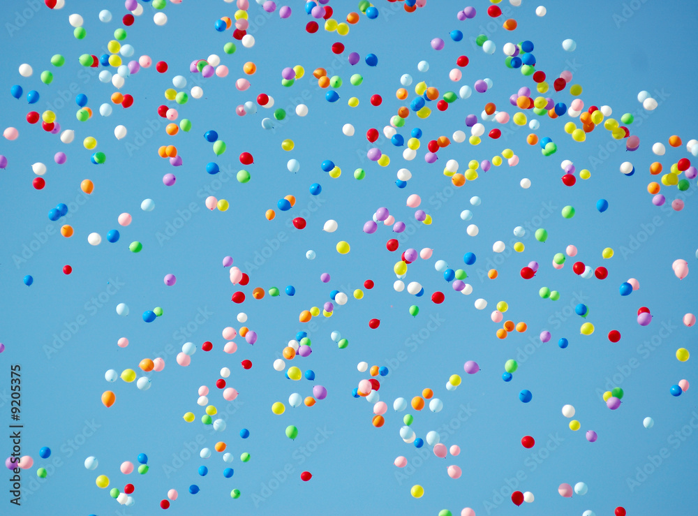 colored balloons flying up in the sky - obrazy, fototapety, plakaty 