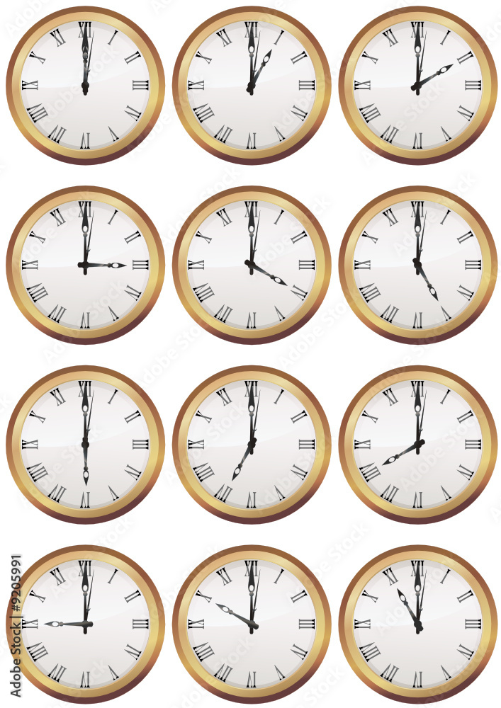 Collection d'horloges anciennes heure par heure (détouré)
