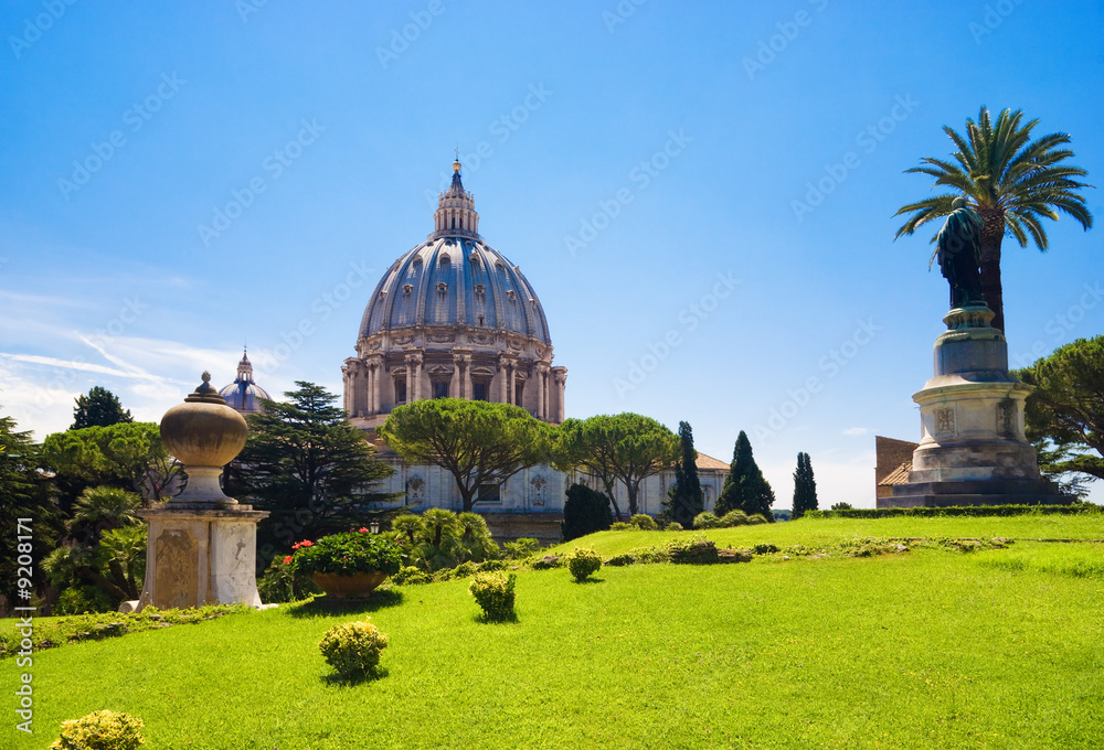 Saint Peter cathedral in Rome Italy. View from Vatican garden. - obrazy, fototapety, plakaty 