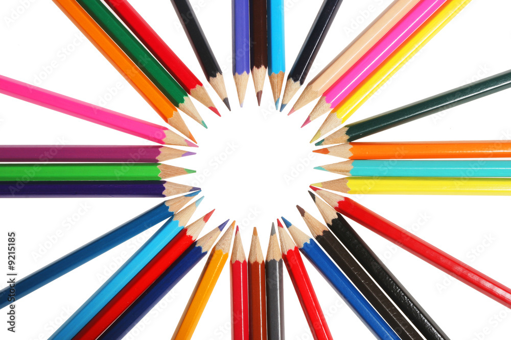 Group of colored pencils pointing in a circle