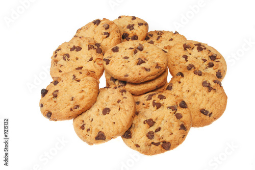 Group of chocolate chip cookiea isolated on white