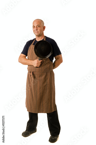 man in his 40's with apron isolated on white.