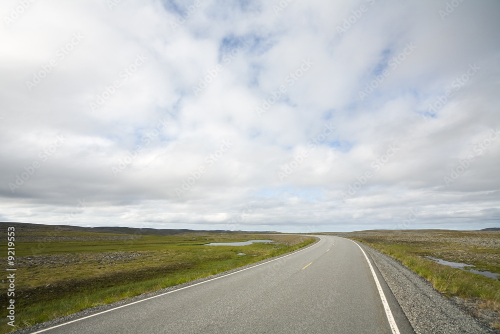 long highway in Norwegian tundra at autumn day
