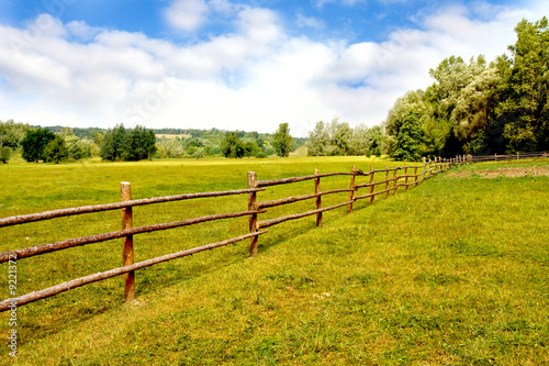 Meadow with fence and blue sky. © Pavlo Klymenko