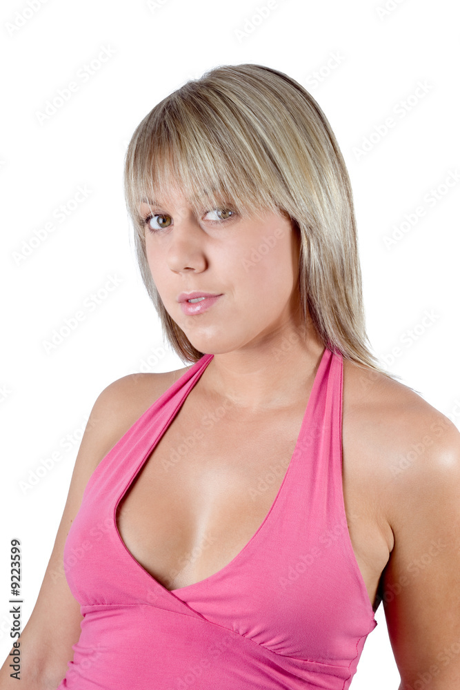 Portrait of the young beauty woman in a pink jacket. Isolated