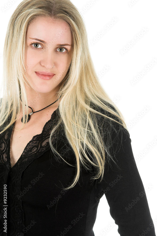 Beautiful young blond model with striking green eyes