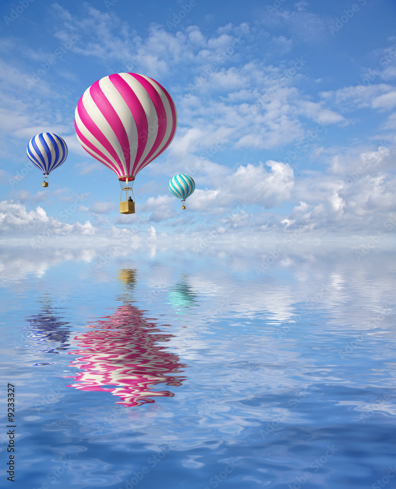 Fototapeta premium 3d balloons in the blue sky and reflection in water
