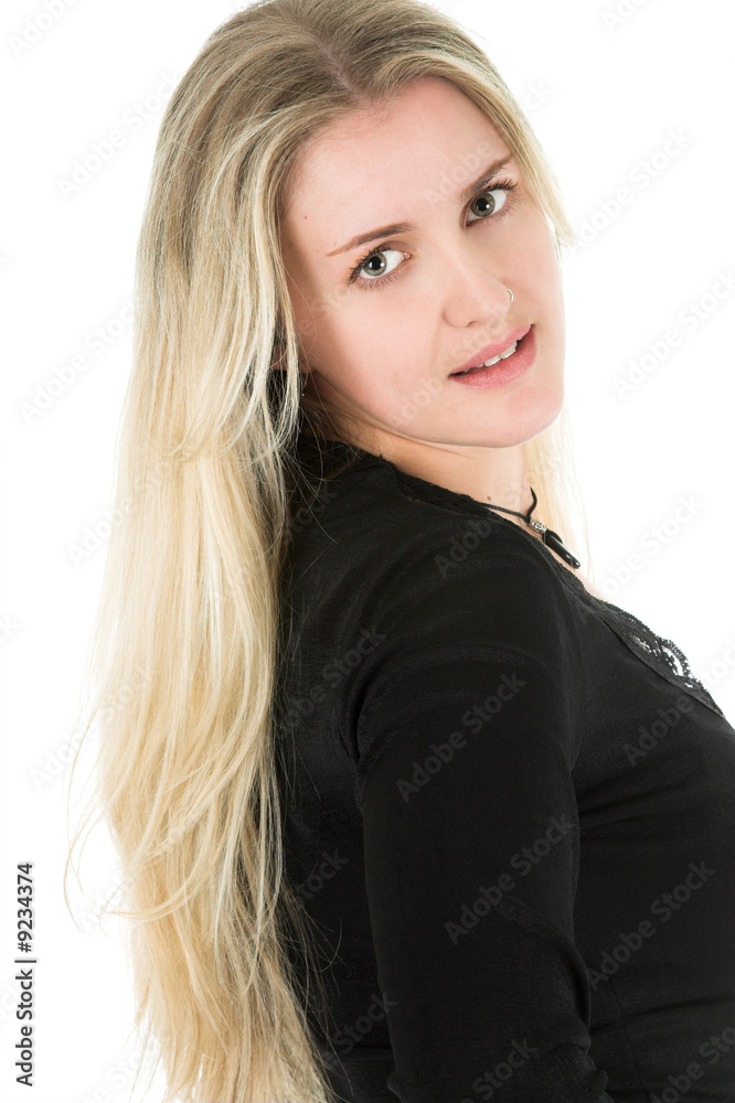 Beautiful young blond model with striking green eyes Beautiful young blond model with striking green eyes