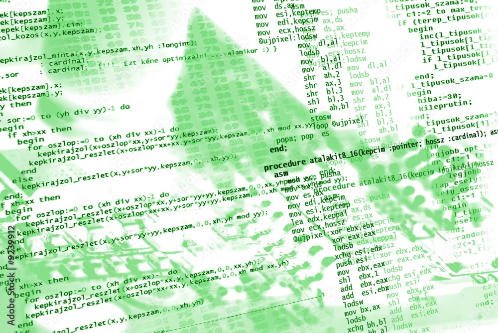 Naklejka premium Sourcecode on electronics background in green