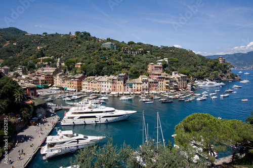 Megayachts in Portofino harbour, Italy