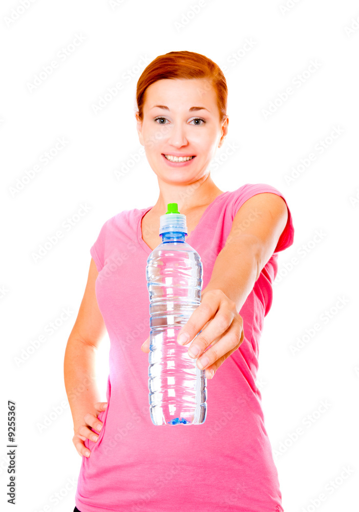 girl with water bottle. Isolation on the white girl with water bottle. Isolation on the white