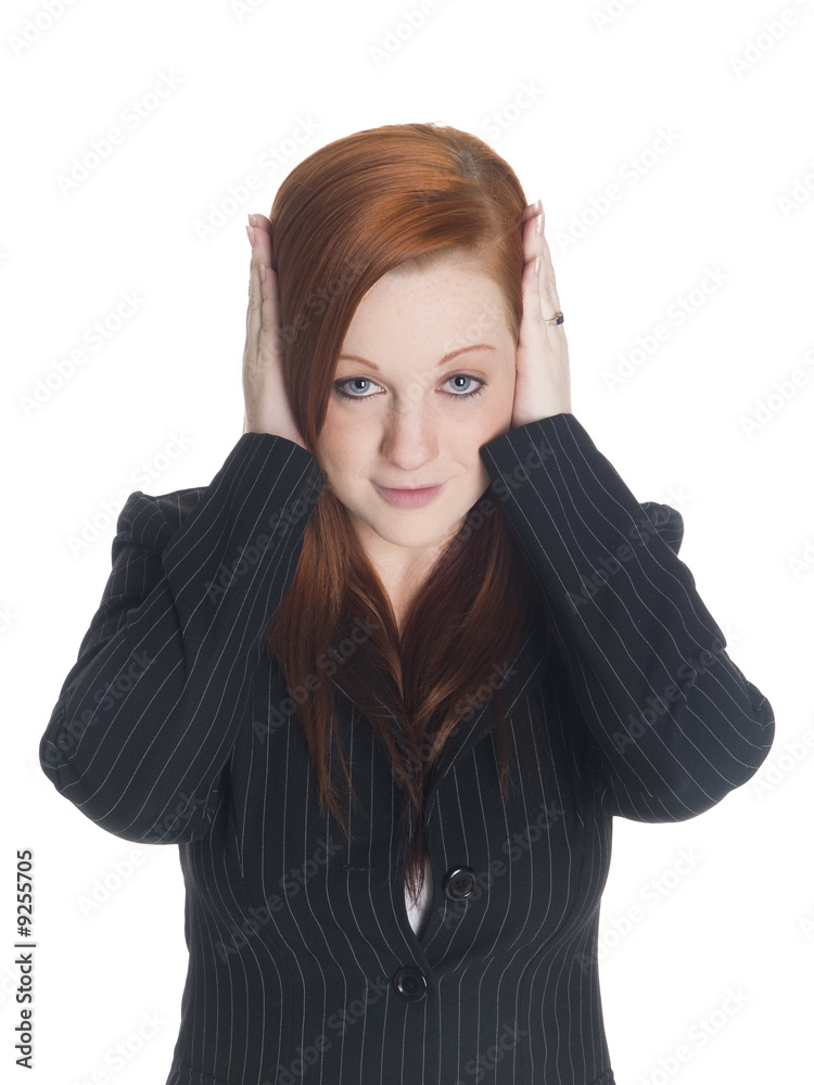 businesswoman in the Hear No Evil pose. businesswoman in the Hear No Evil pose.
