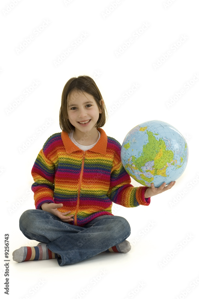 young girl holding the world globe isolated on white young girl holding the world globe isolated on white