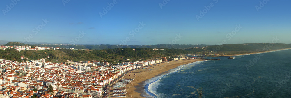 Beach panoramic view from the promontory in Nazarè, Portugal