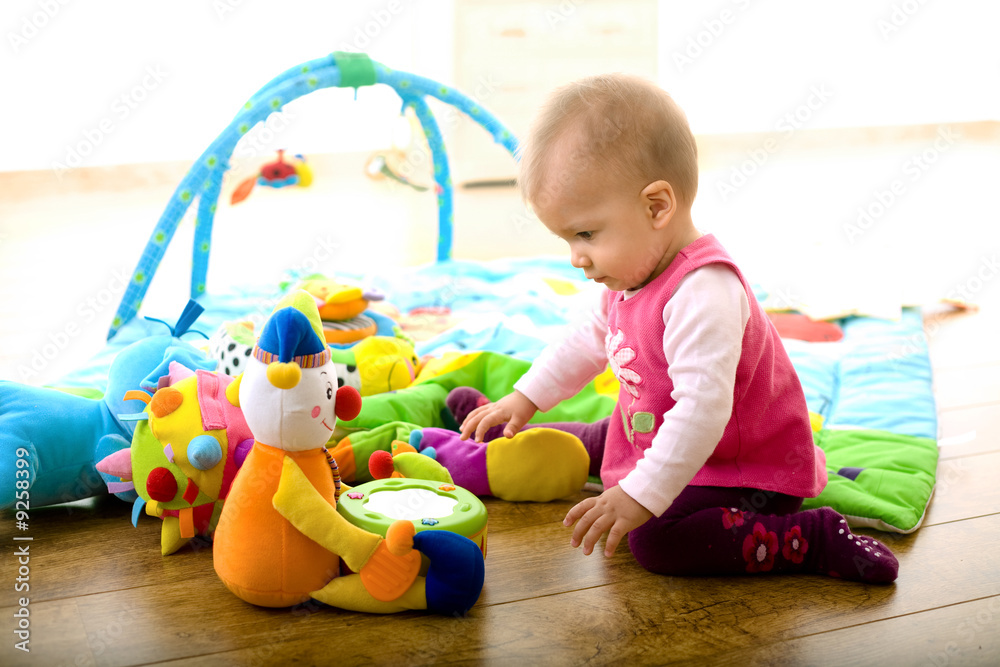 Baby girl (9 months) playing with soft toys at home. Baby girl (9 months) playing with soft toys at home.