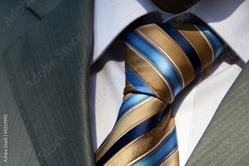 Fototapeta business costume, cravat in blue and gold tint, white collar