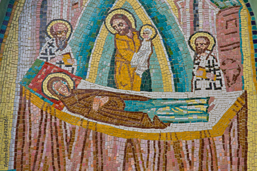 Details of a religious mosaic at Polovragi Monastery