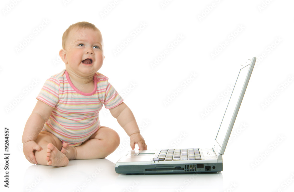 Small baby with laptop #15 isolated on white Small baby with laptop #15 isolated on white