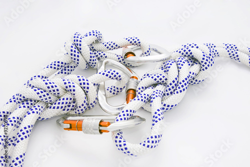 Mountaineer equipment close up on white background
