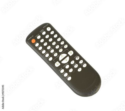 Black remote control with white and red buttons © Nancy Hixson