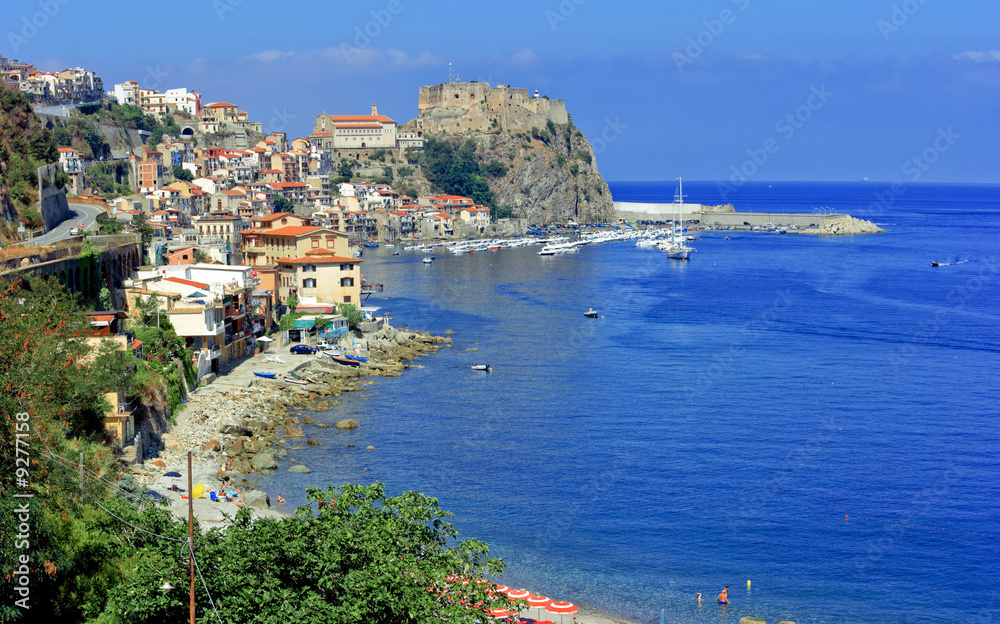 Panoramic view on scilla cost, harbor, town and castle