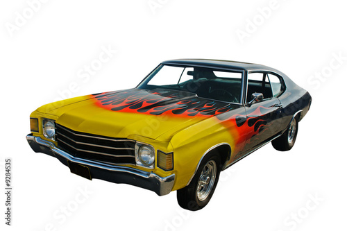 Foto yellow blended to red flames, black hotrod on white