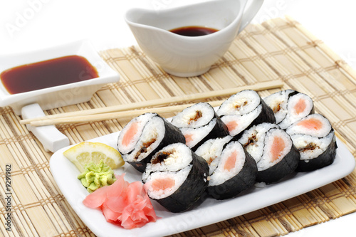 Yin Yang Rolls Serve with Soy Sauce and Chopsticks