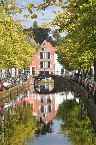 Canal and historic houses in Delft, Holland