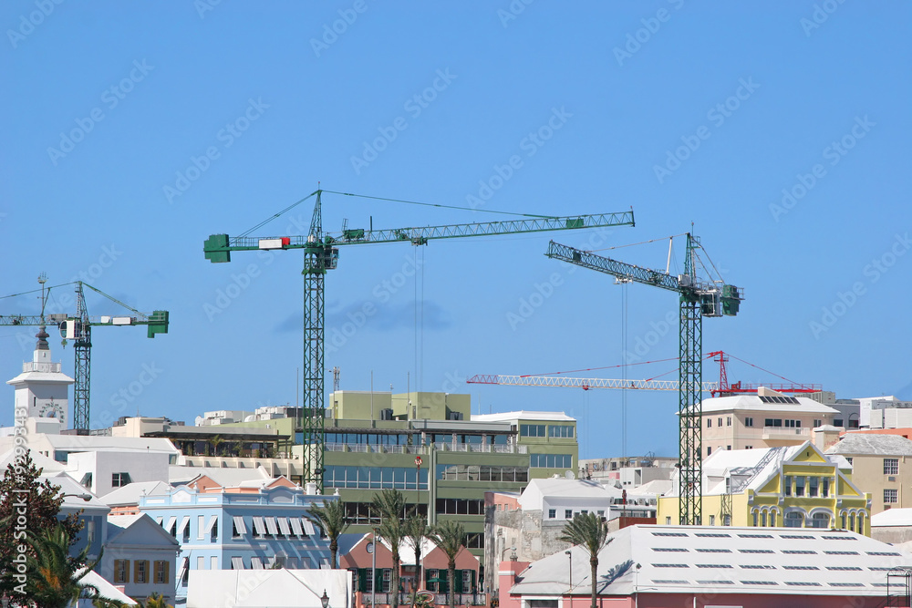 Construction cranes on skyline of Hamilton, Bermuda.