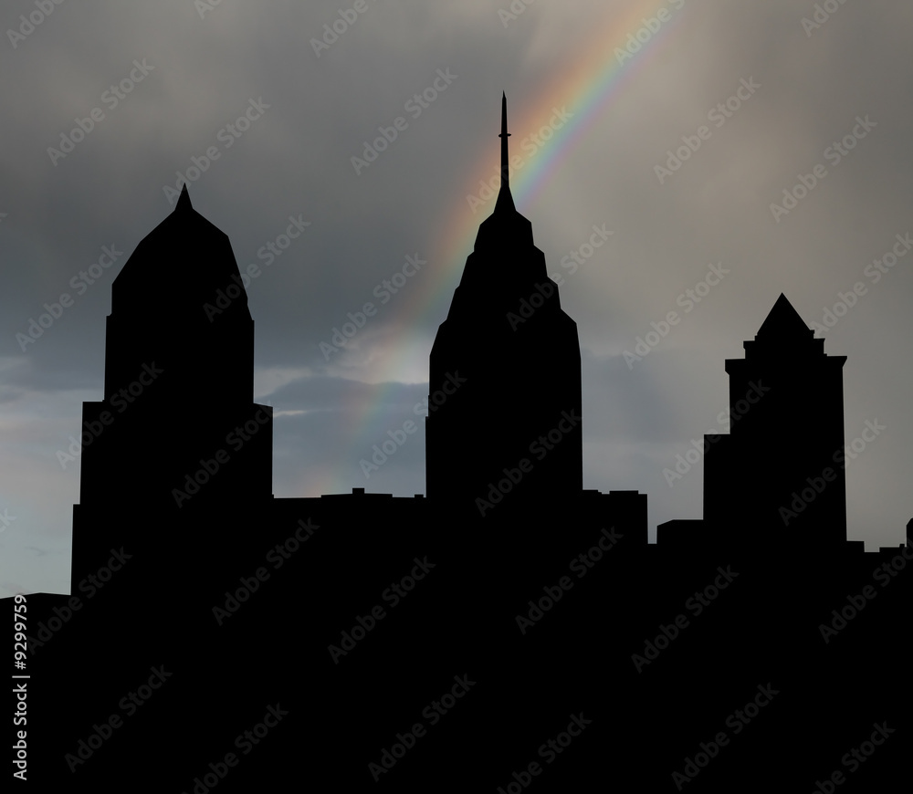 Philadelphia skyline with rainbow and dark clouds illustration
