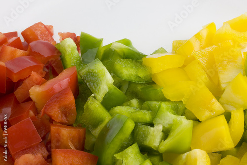 red, green and yellow pepper diced and ready for cooking