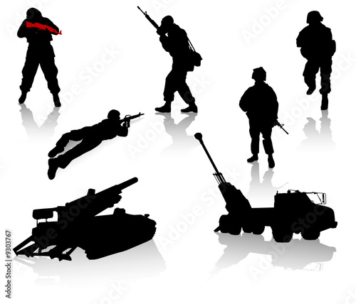 Military silhouette collection. Soldier,  tanks and trucks