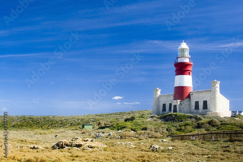 Lighthouse on grassy plain at Cape Agulhas,south africa